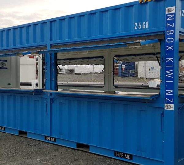 20ft high cube hospitality shipping container hatches open